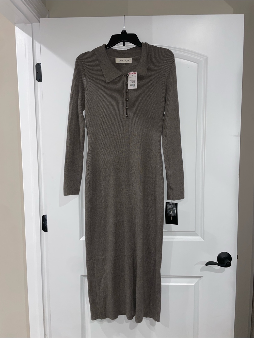 Taylor Taupe Ribbed Polo Midi Dress — Long Sleeve